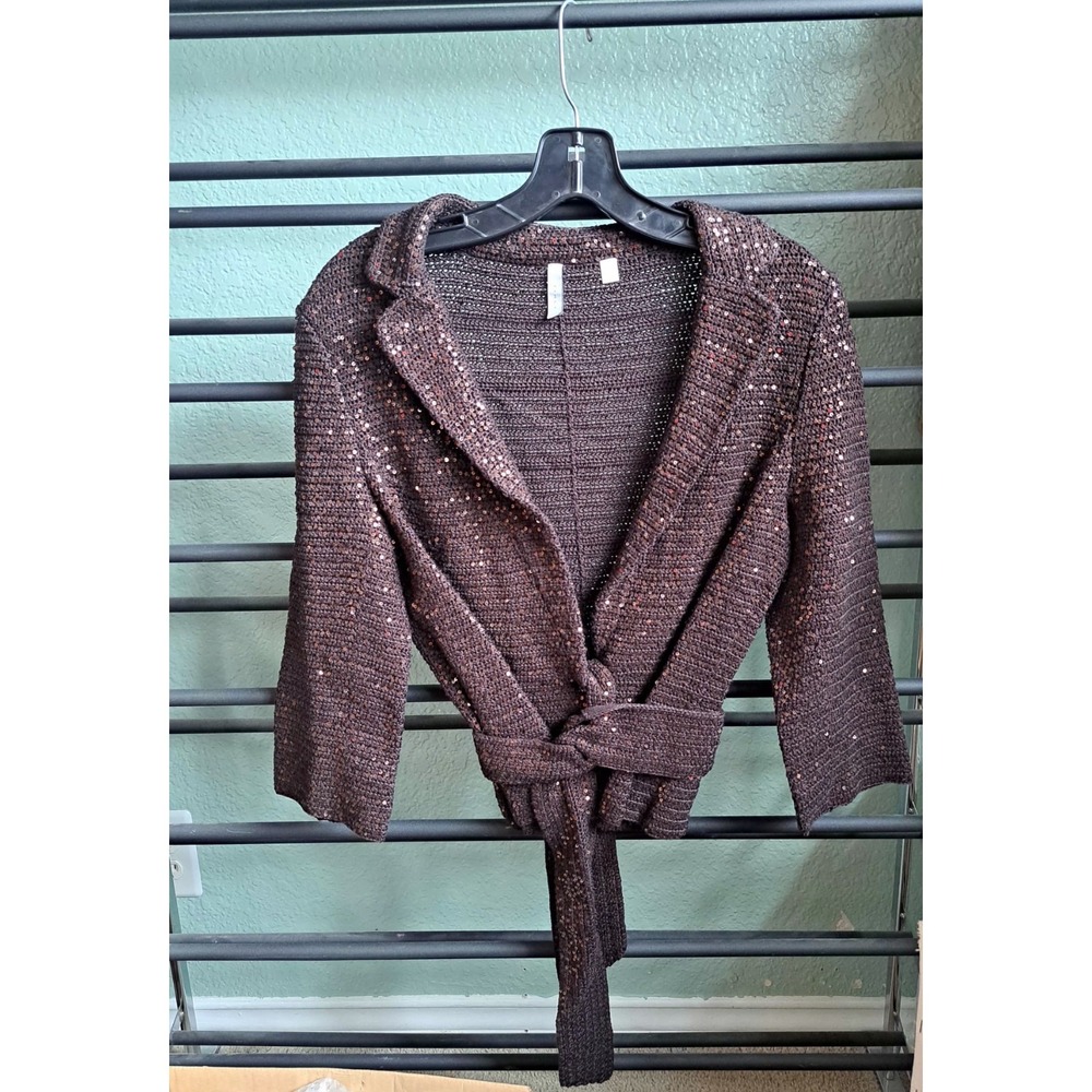 Vintage iisli Sequin Knit Cardigan Jacket Brown Wrap Sweater Belted Blazer Sz6